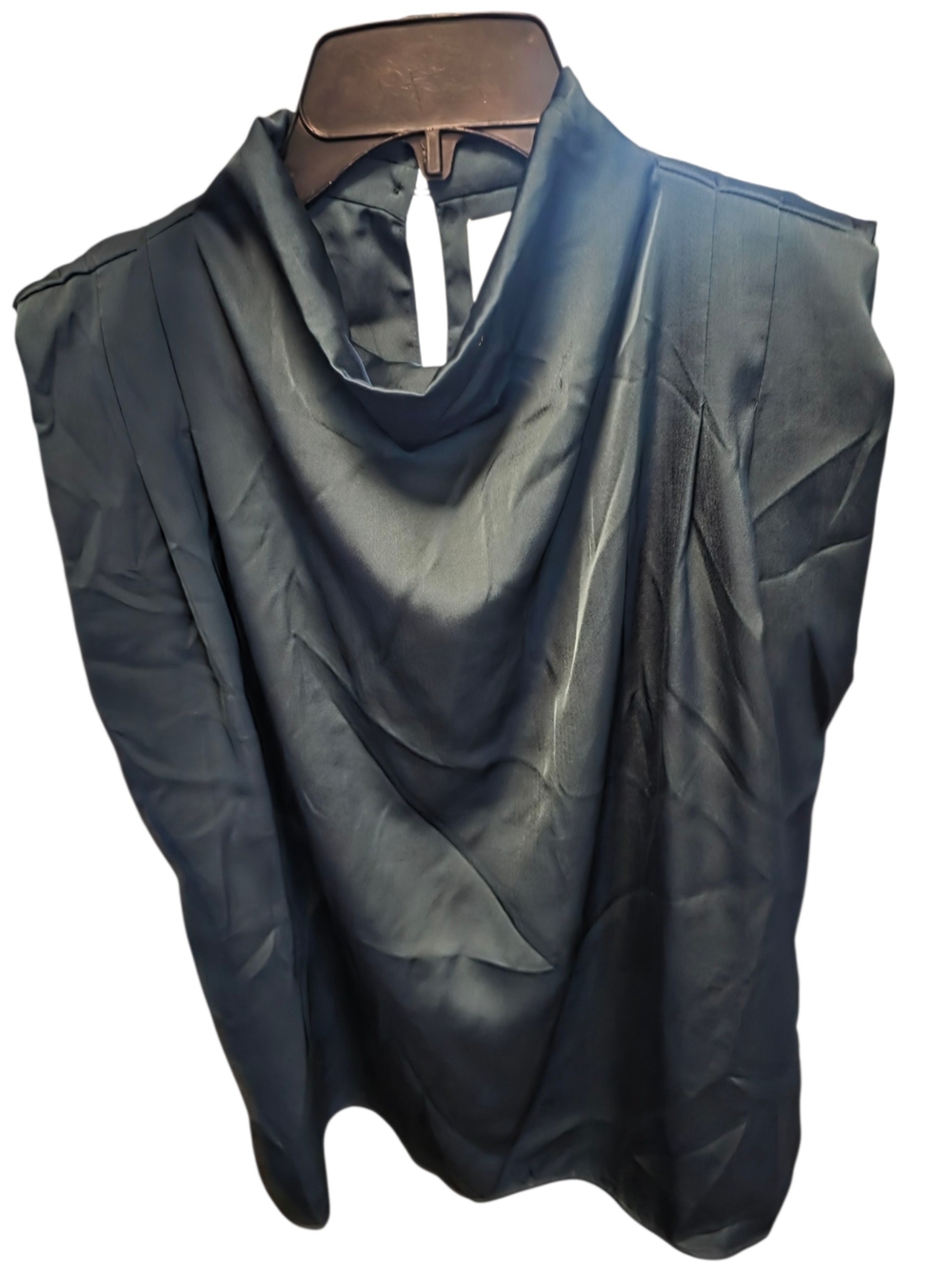 Women's Dark Green Satin Drape Neck Sleeveless Top